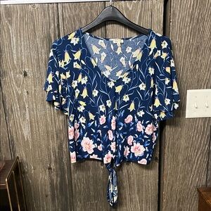 Lily White Navy Floral Tie-Front V-Neck Top